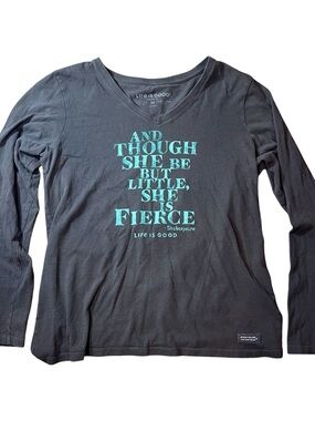Life Is Good Black Long Sleeve V-Neck with Teal Quote Graphic